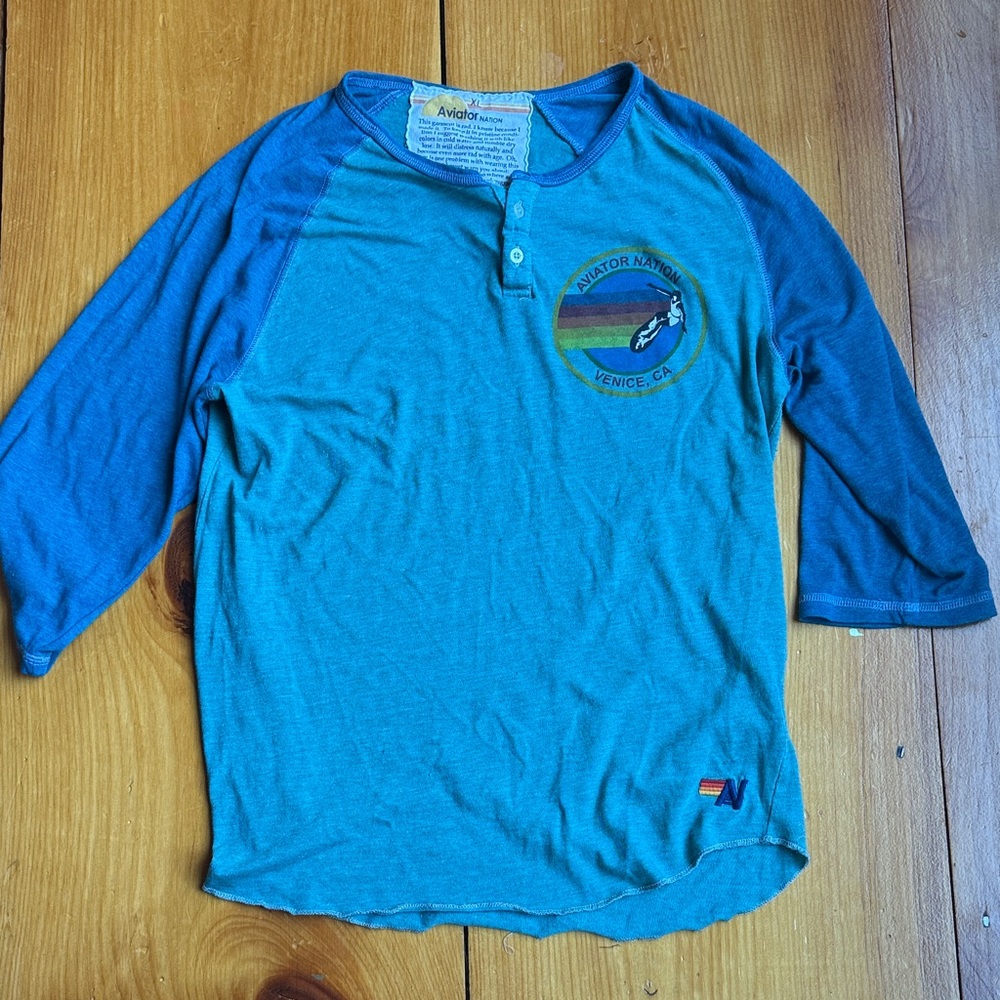 Aviator Nation Teal and Navy Baseball Tee